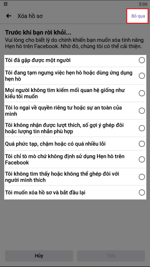 chọn lý do xóa hồ sơ