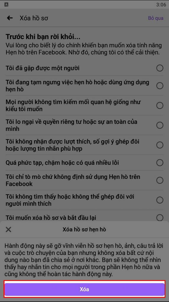 xác nhận hành động của bạn bằng cách chạm vào Xóa