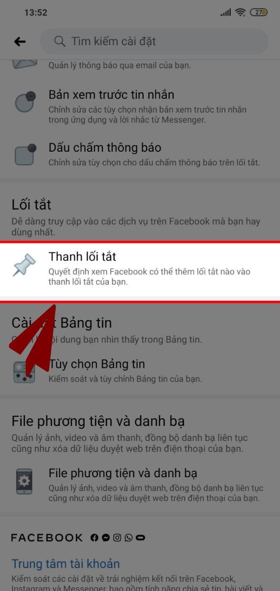 lướt xuống và chọn “Thanh lối tắt” trong mục “Lối tắt”